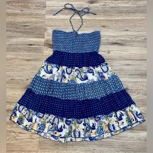 Just For Wraps Blue Boho Cotton Halter Smocked Fit & Flare Dress — Size Large